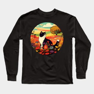 Cat Looking Sunset In The Meadow Filled Flower - Funny Cats Long Sleeve T-Shirt